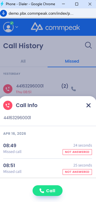 Screenshot of the Call Info screen