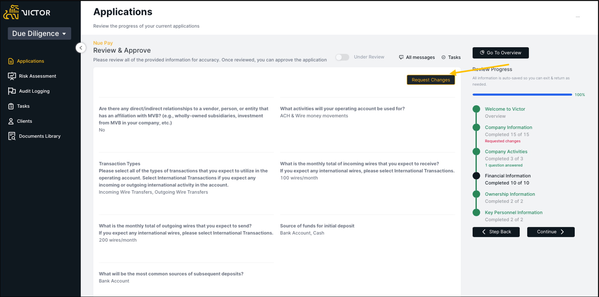 Figure 26. Request changes option within Review & Approve