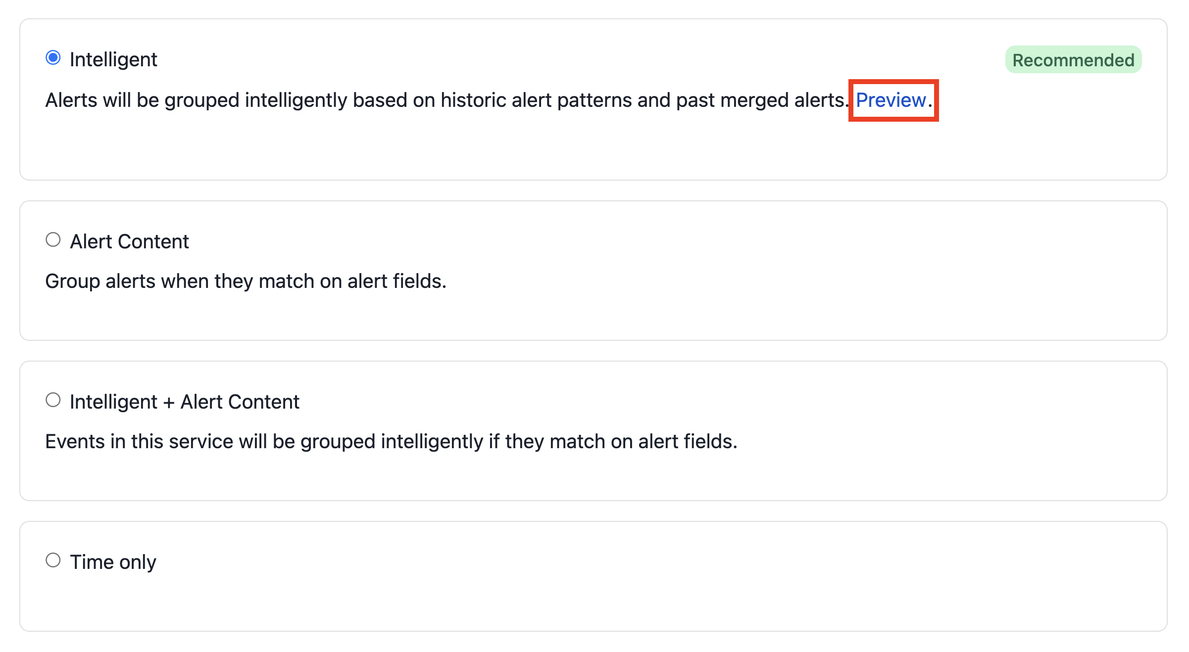 An image showing a "Preview" link for Intelligent Alert Grouping
