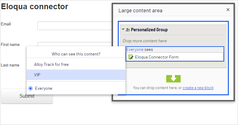 Screenshot of the personalization dialog where selecting the VIP visitor group to target the form