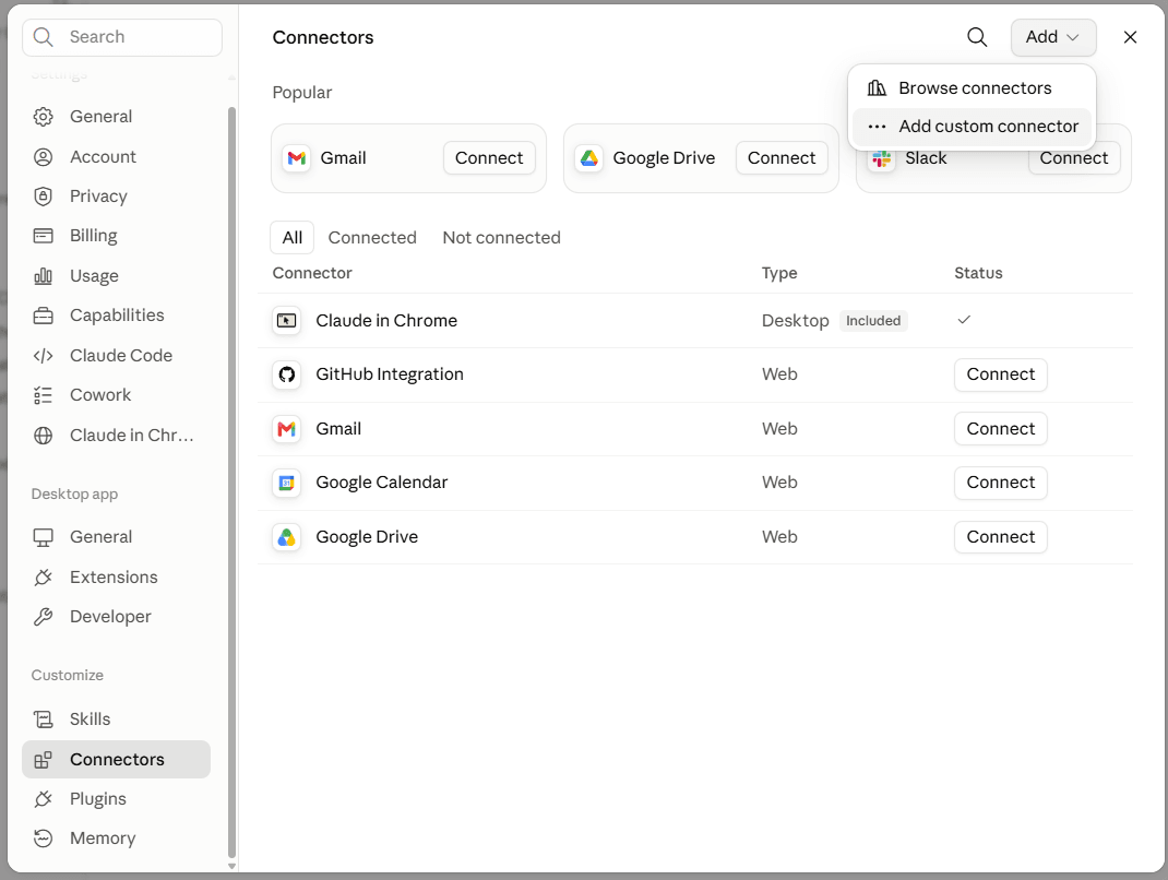 Claude Settings Connectors page with Add custom connector selected from the Add menu