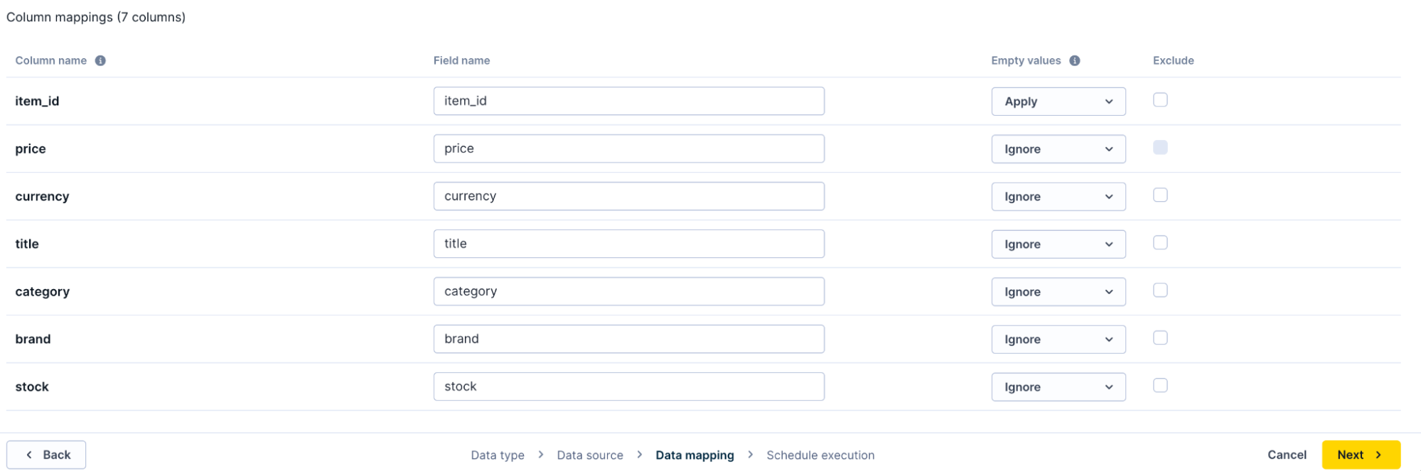 Fields for configuring product and variant record identifiers to establish unique records in the item collection.