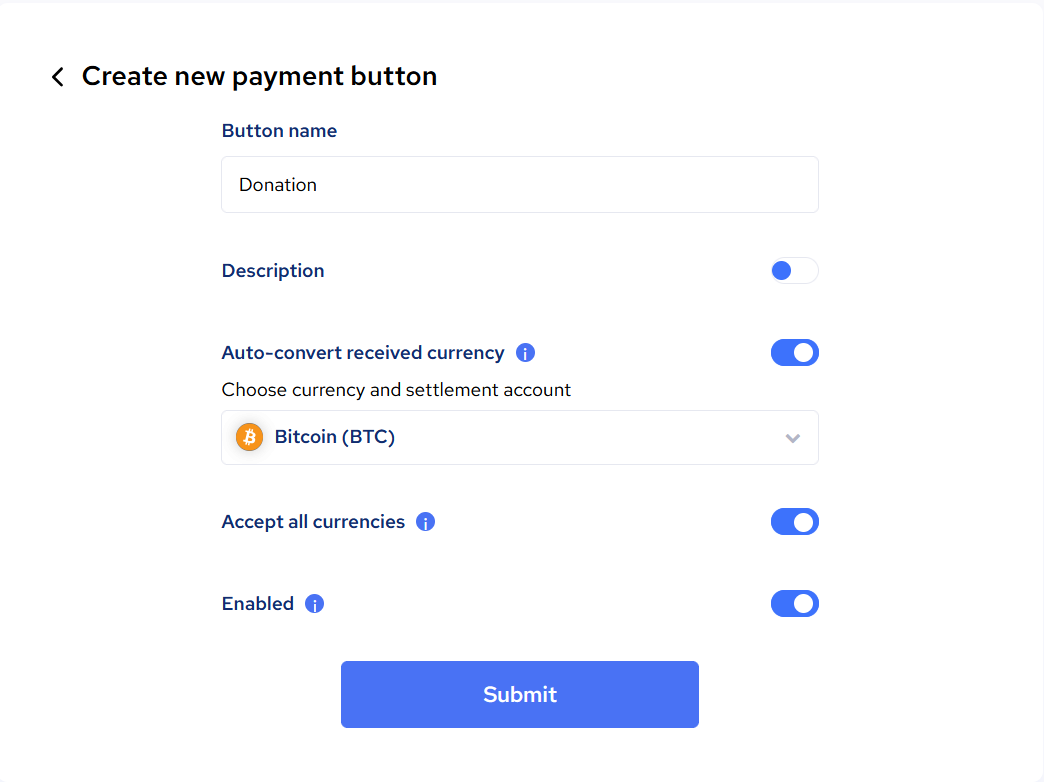 New payment button creation settings