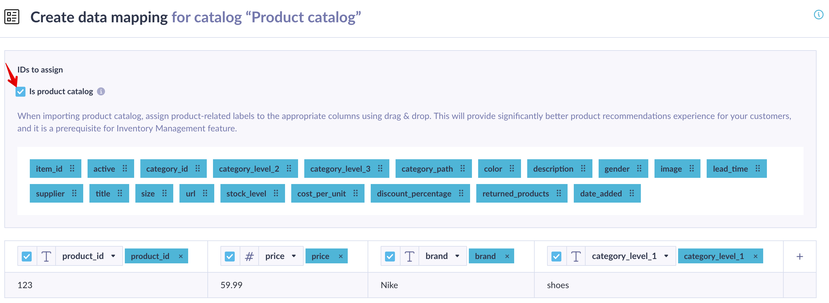 Map predefined IDs to you data structure. If you are importing a general catalog only "item_id" is available and mandatory.