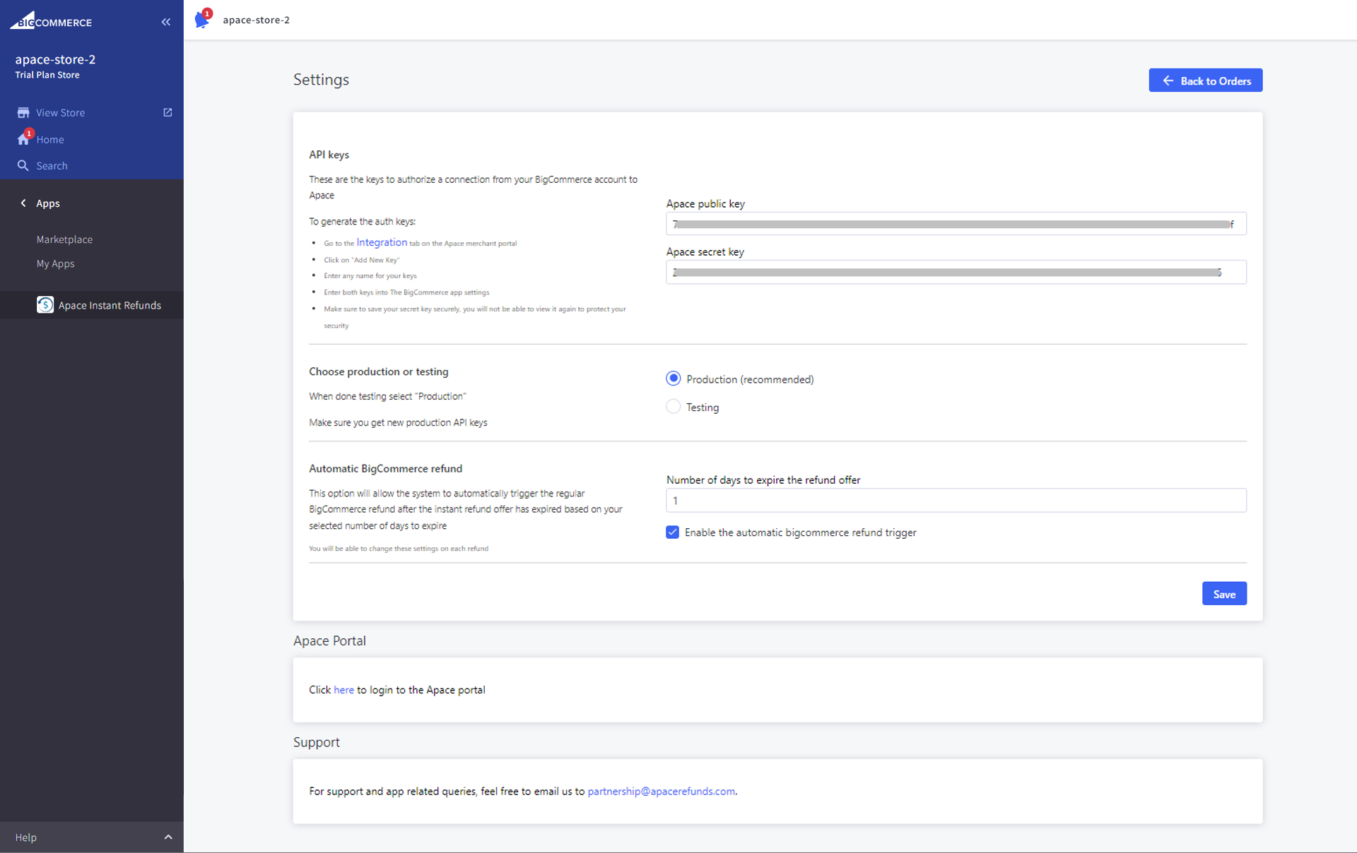 The Apace app settings page within BigCommerce