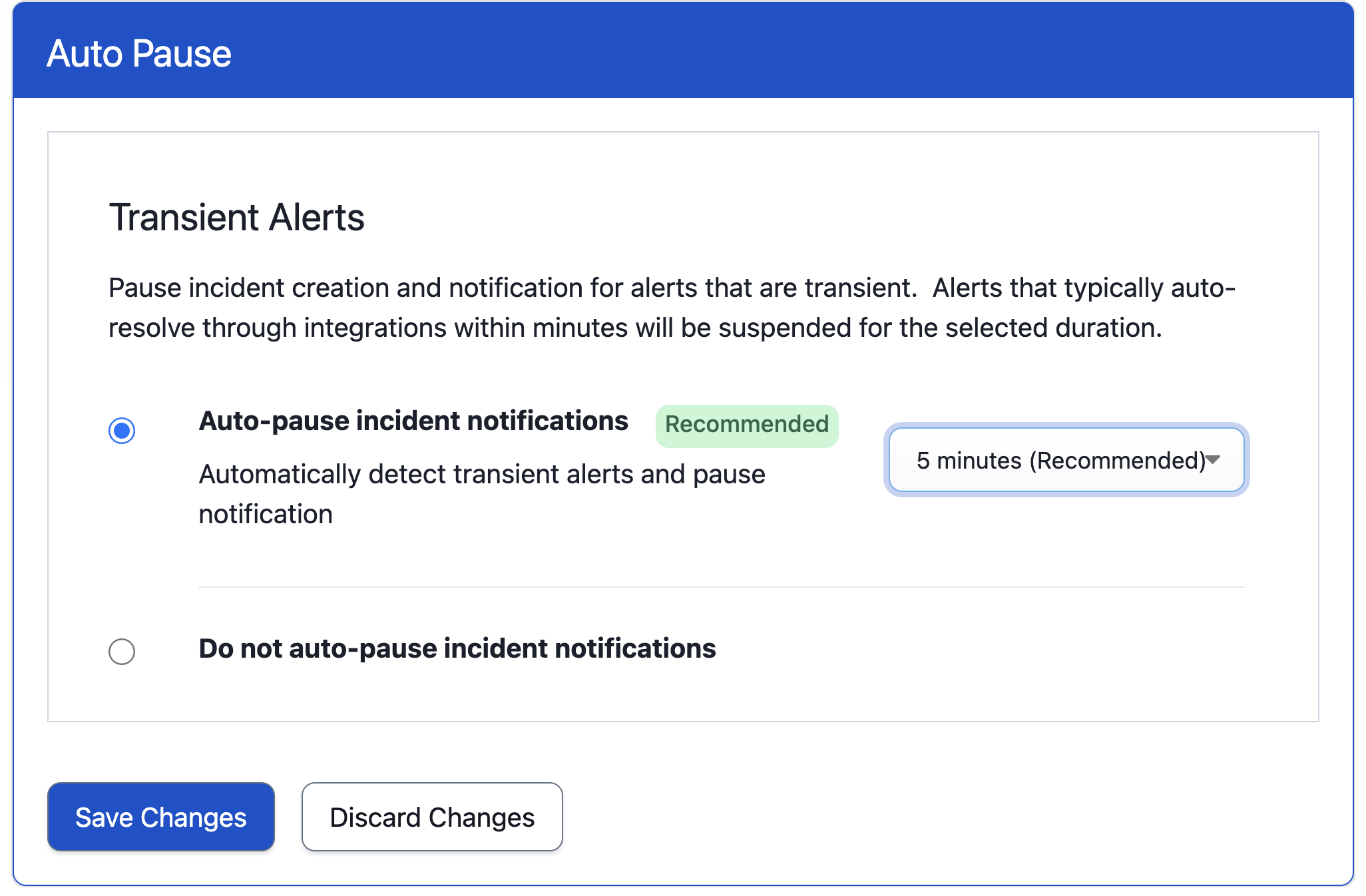 A screenshot of the PagerDuty web app showing auto-pause incident notifications settings