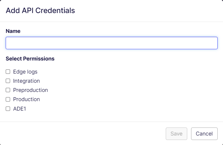 Enter the name for the credential, select applicable permissions associated with environments