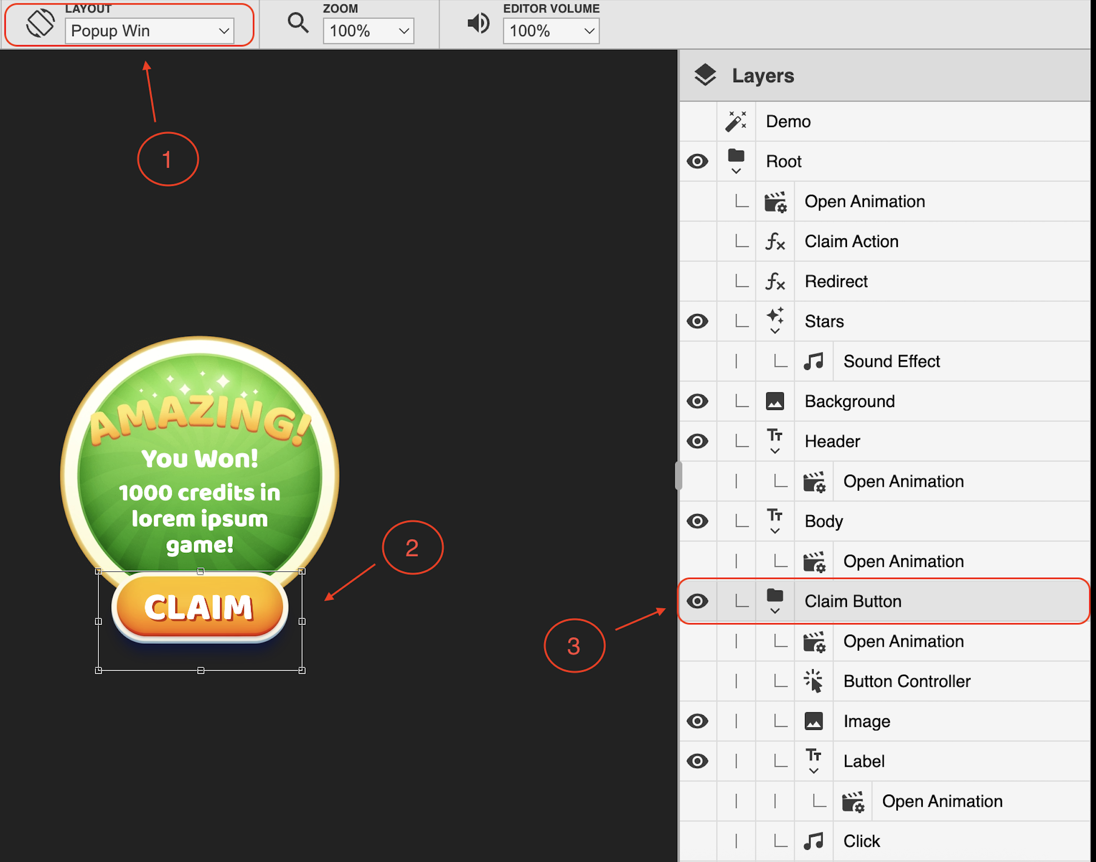 Selecting an example prize claim button