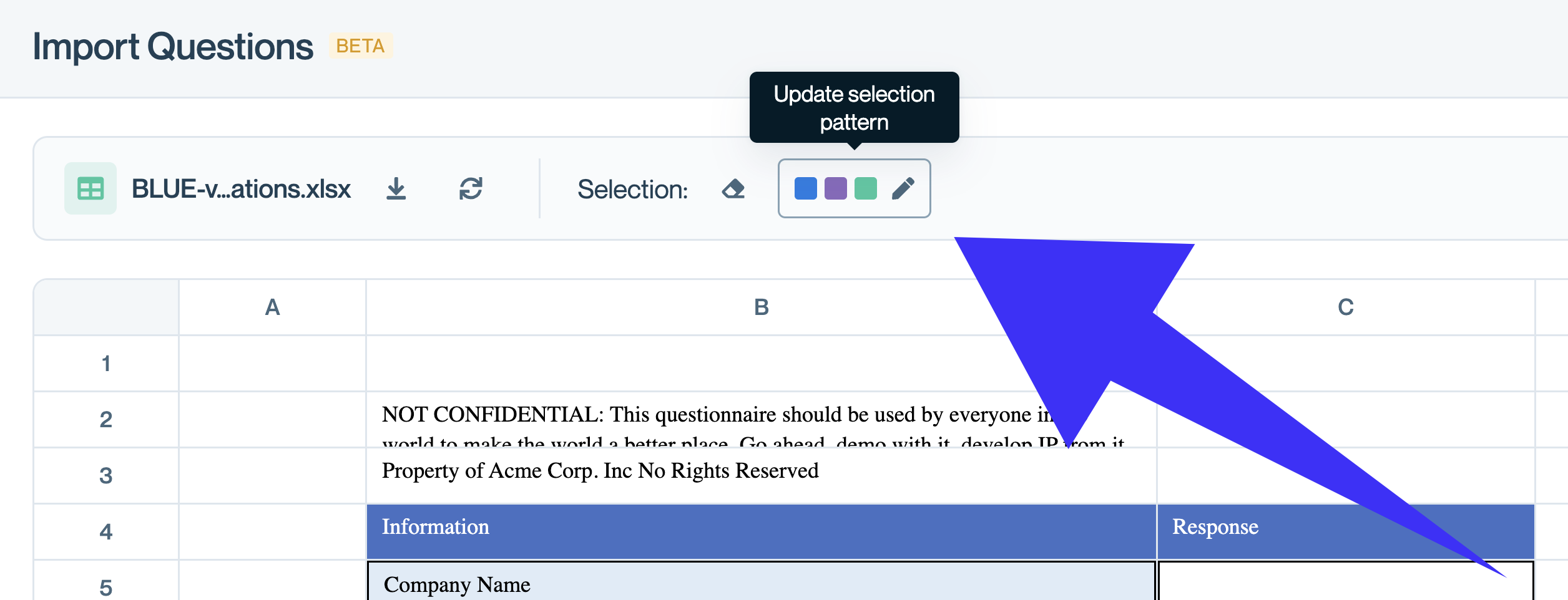 Click "Update selection pattern" to define a new pattern of questions, answers, and optional comments