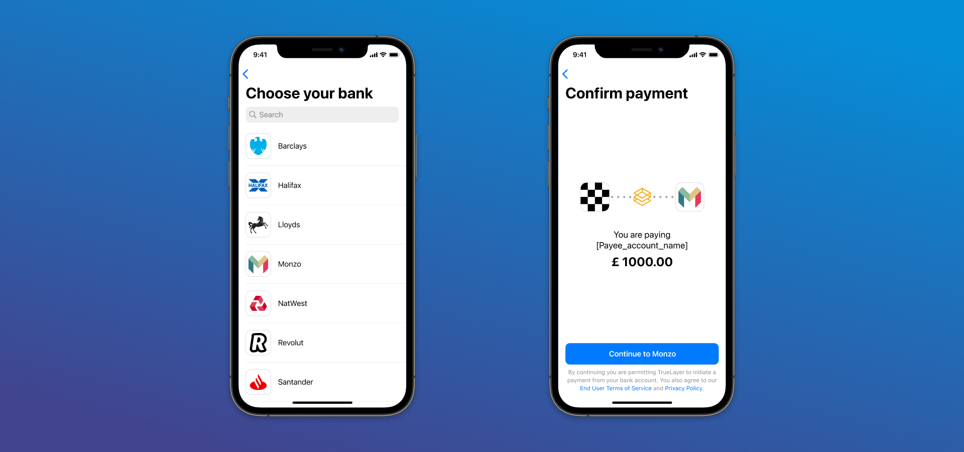 Image showing what the native screens look like on an iOS device. There are two screenshots in the image, one shows the bank selection screen and the other shows the payment confirmation screen.