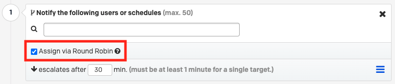 A screenshot of the PagerDuty web app showing how to enable Round Robin Scheduling on an escalation policy