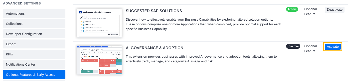 Activating the AI Governance Extension in the 'Optional Features & Early Access Section' of the Administration Area
