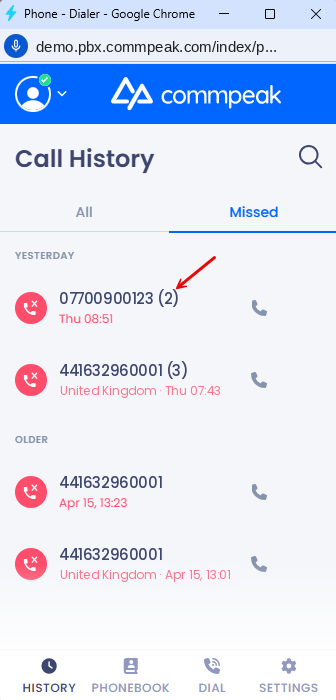 Screenshot of the grouped missed calls