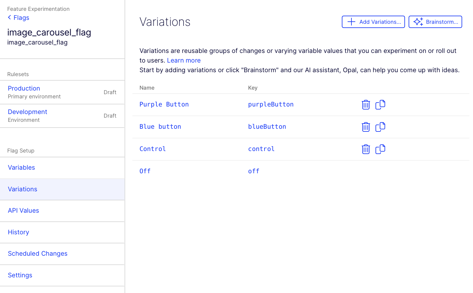 Variations set in Optimizely