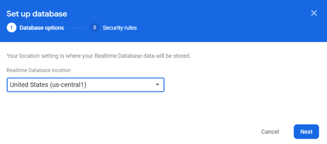 Figure 17. Set up database modal with Realtime Database location list.