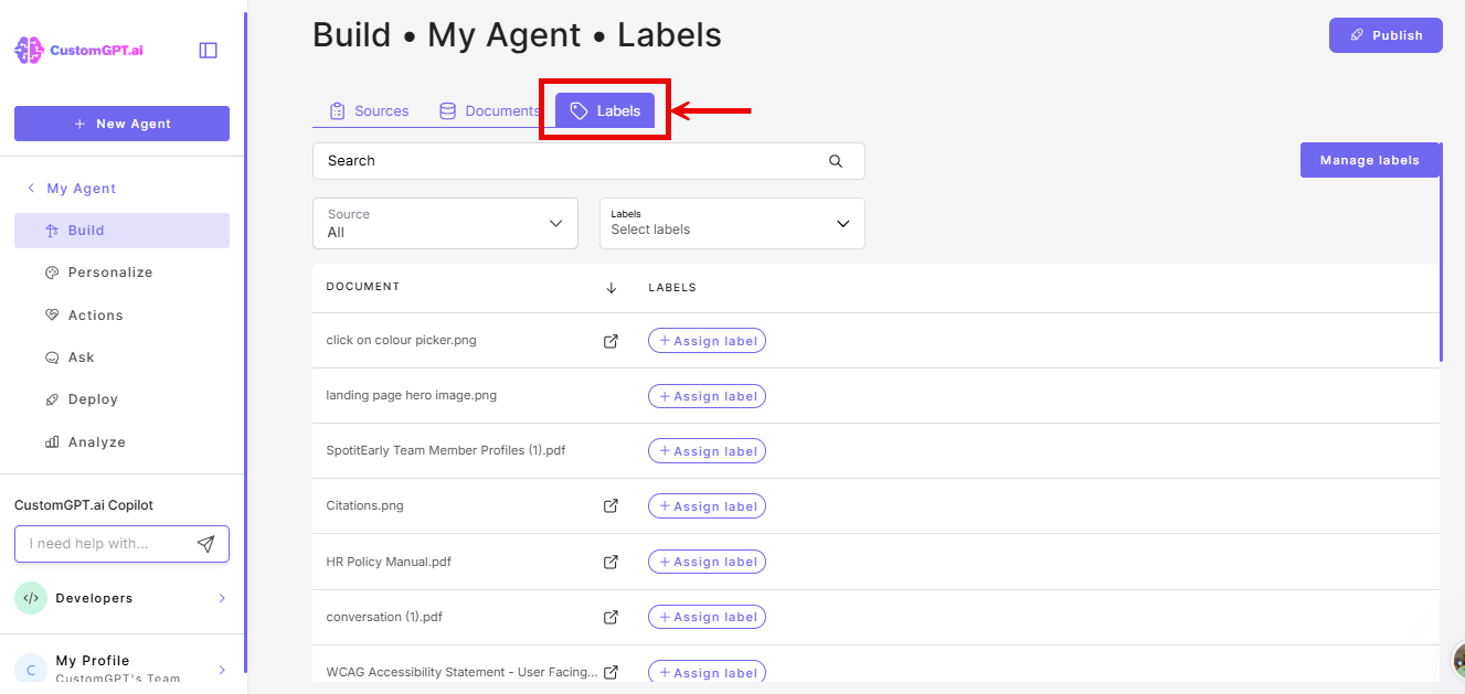Labels tab on the Build page
