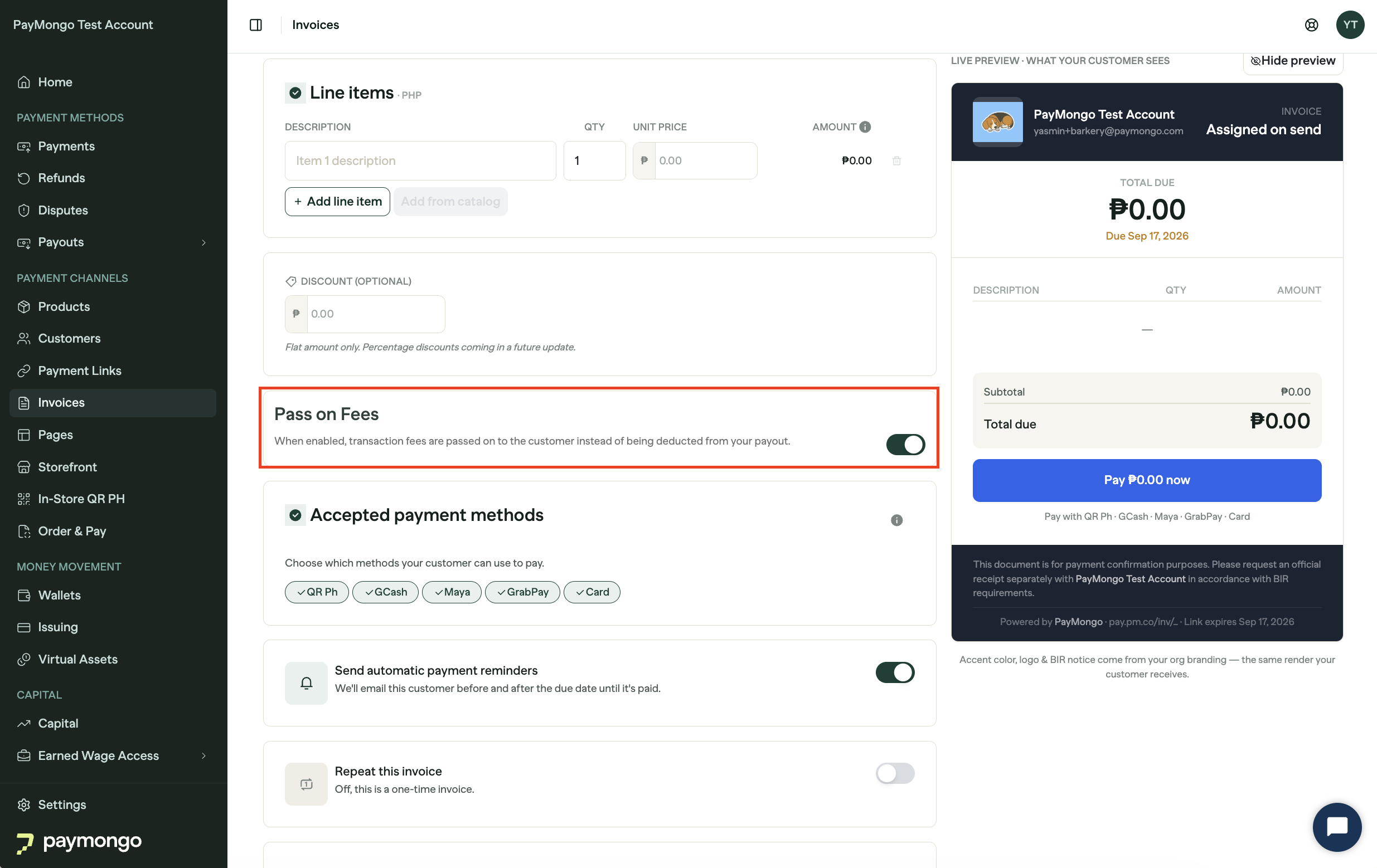 Pass on Fees toggle when creating an Invoice