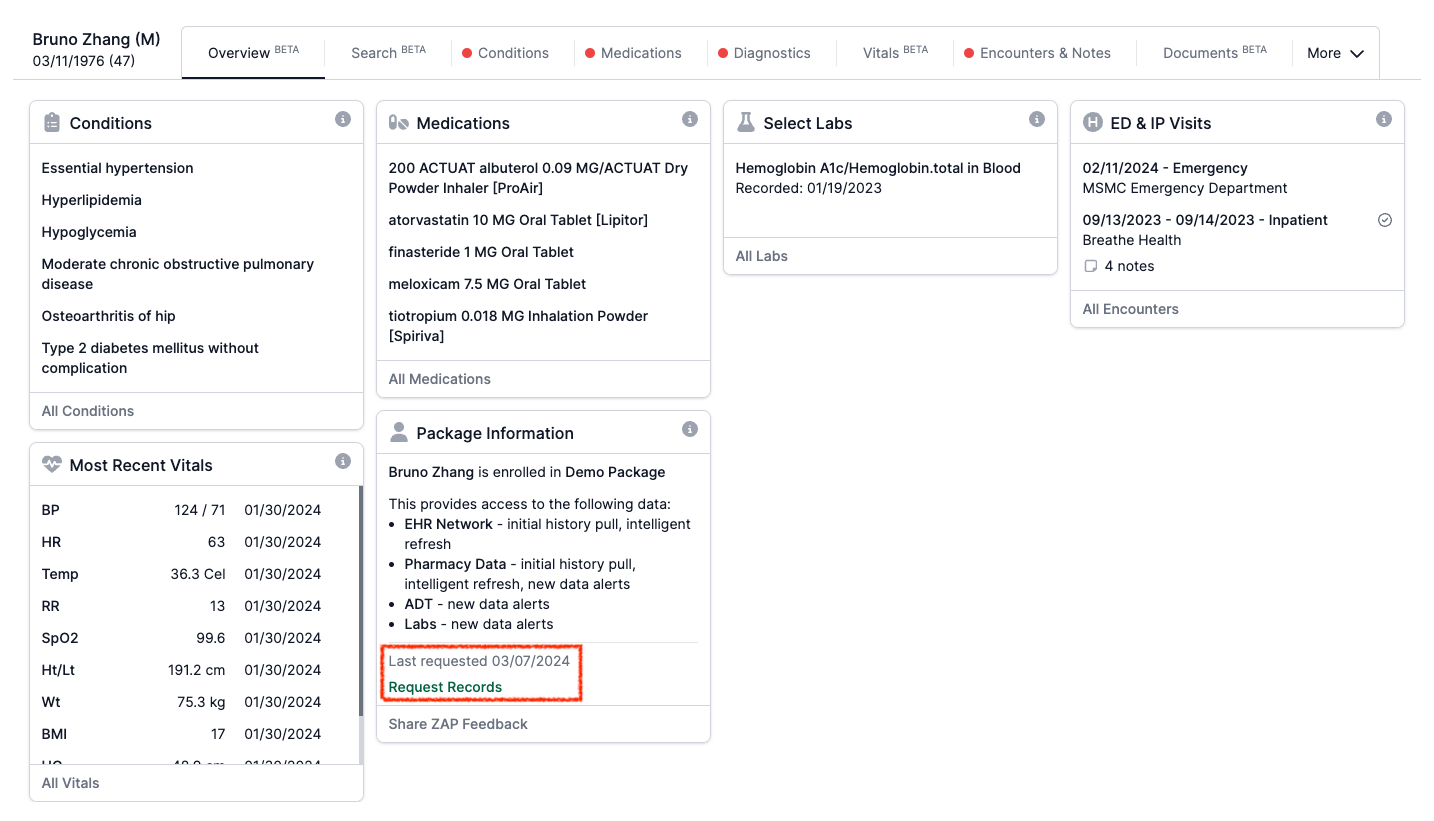 Request Records in the Package Information Card in the ZAP when embedded in EHRs or elsewhere.