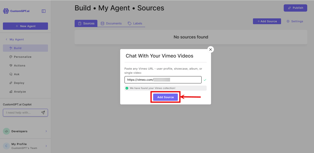 Add source button on the Chat with your Vimeos Videos pop-up