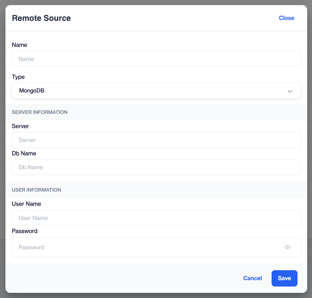 MongoDB fields in the Remote Source dialog with Server, Db Name, User Name and Password