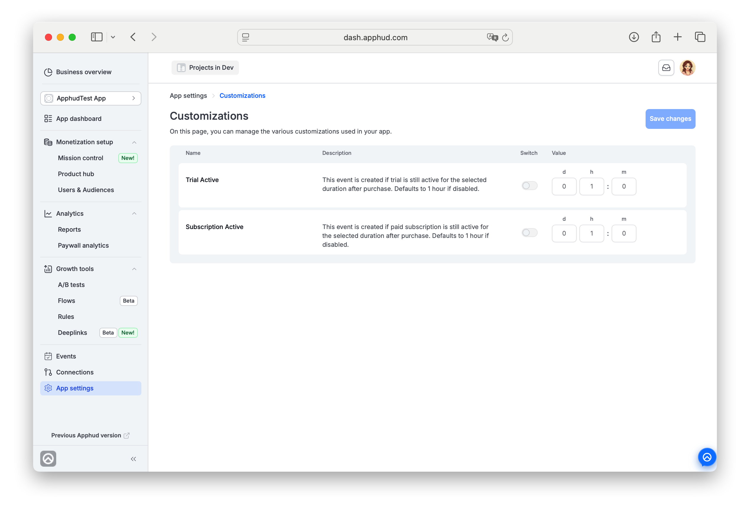 Apphud - Settings - Customization Trial and Sub Active