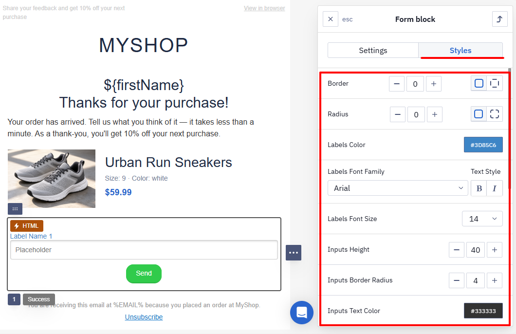 Styles tab in the Form block settings with border, radius, label, and input options