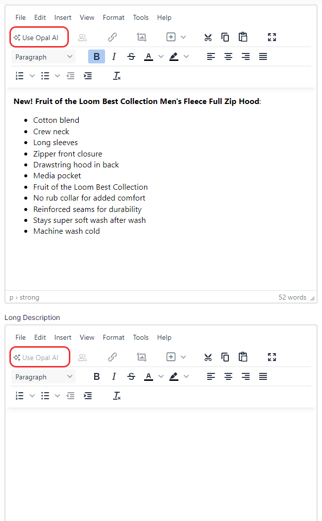 Screenshot of the Use Opal AI button in the Commerce Connect product property editor.
