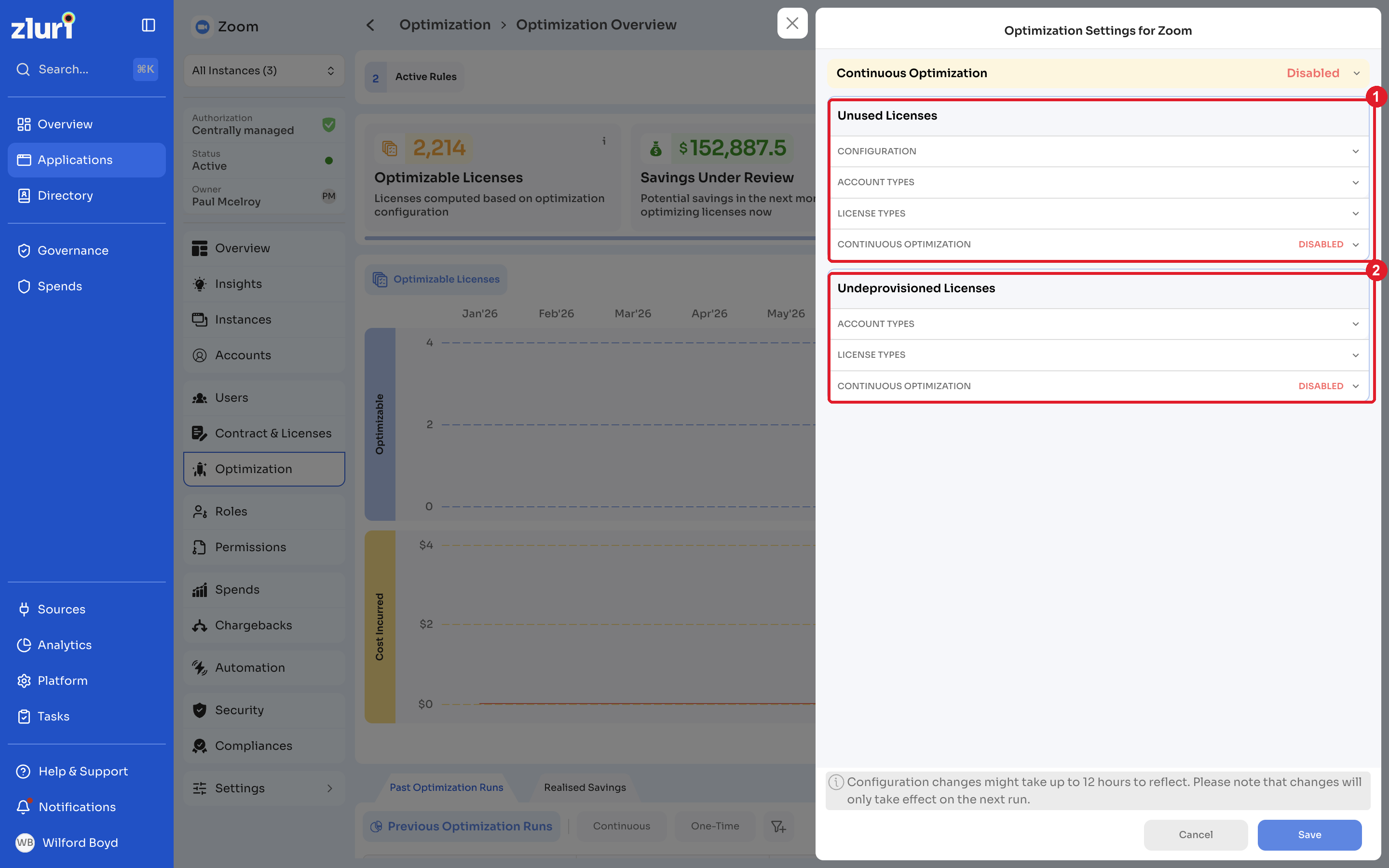 Optimization Settings panel with the Unused Licenses and Undeprovisioned Licenses sections