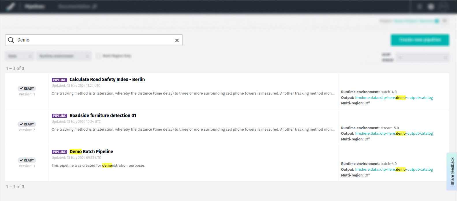Sample screen showing a search request for a pipeline by name