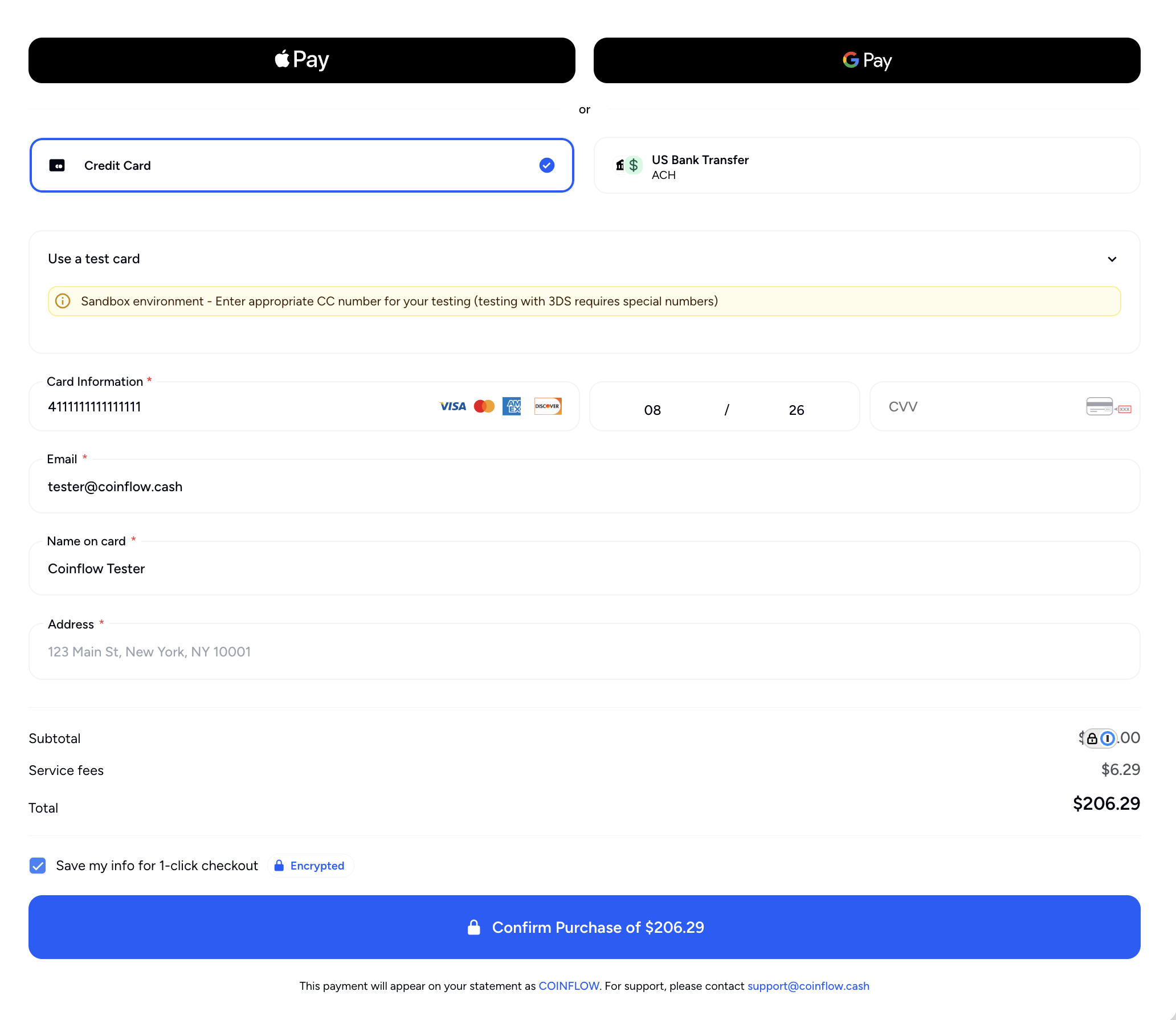 How the checkout modal looks with only fiat payments.