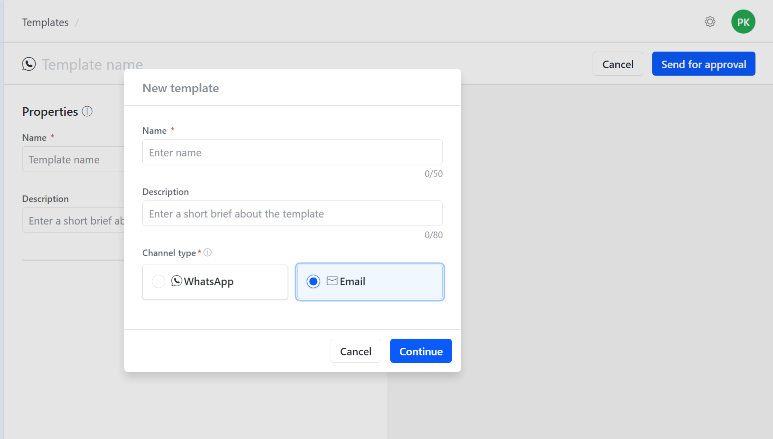 Create Email template popup