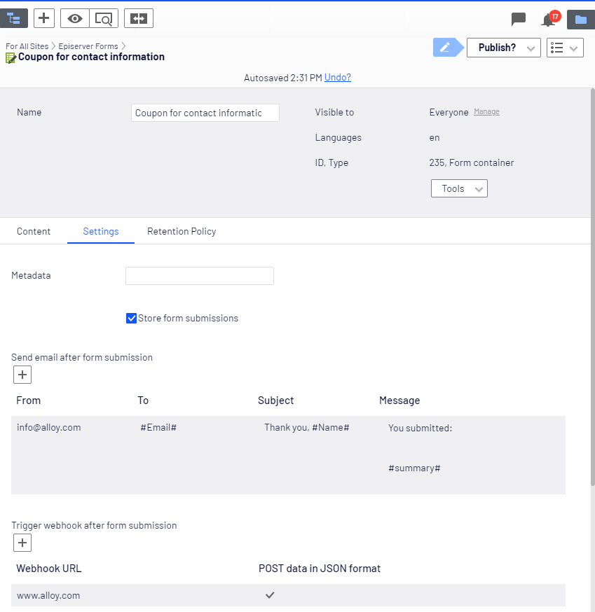 Screenshot of the Settings tab where configuring webhook and email options for form submissions