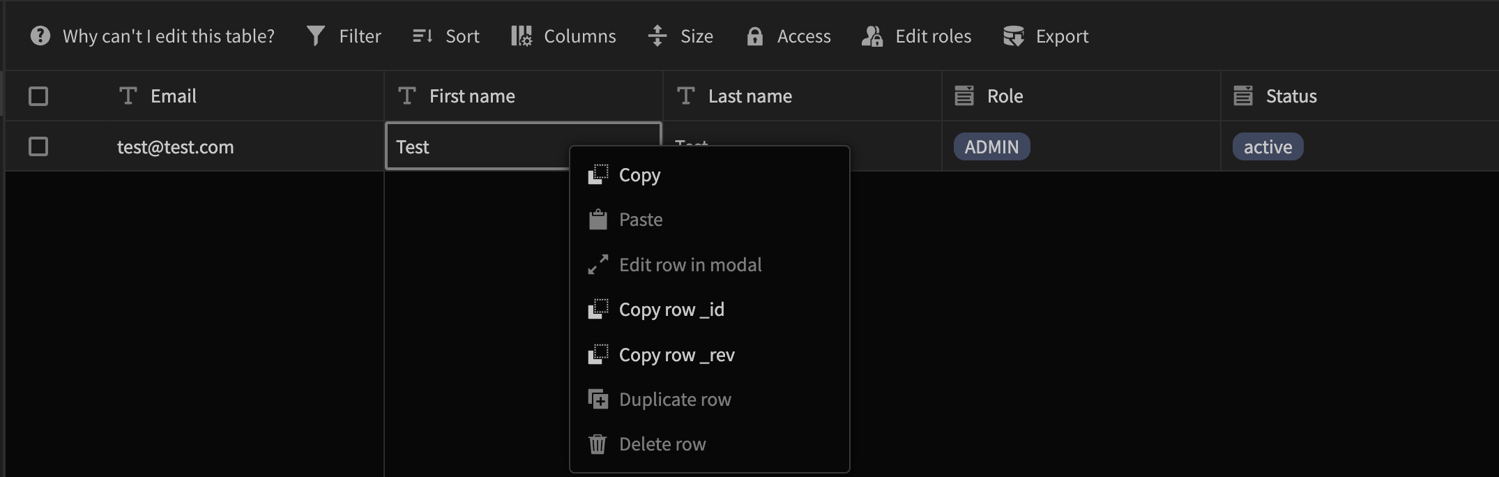 An image showing the users table, its columns and functions