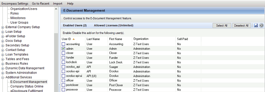 The E-Document Management menu, which lists several available users. Only the user with the ID of "admin" has the E-Document Management feature enabled.