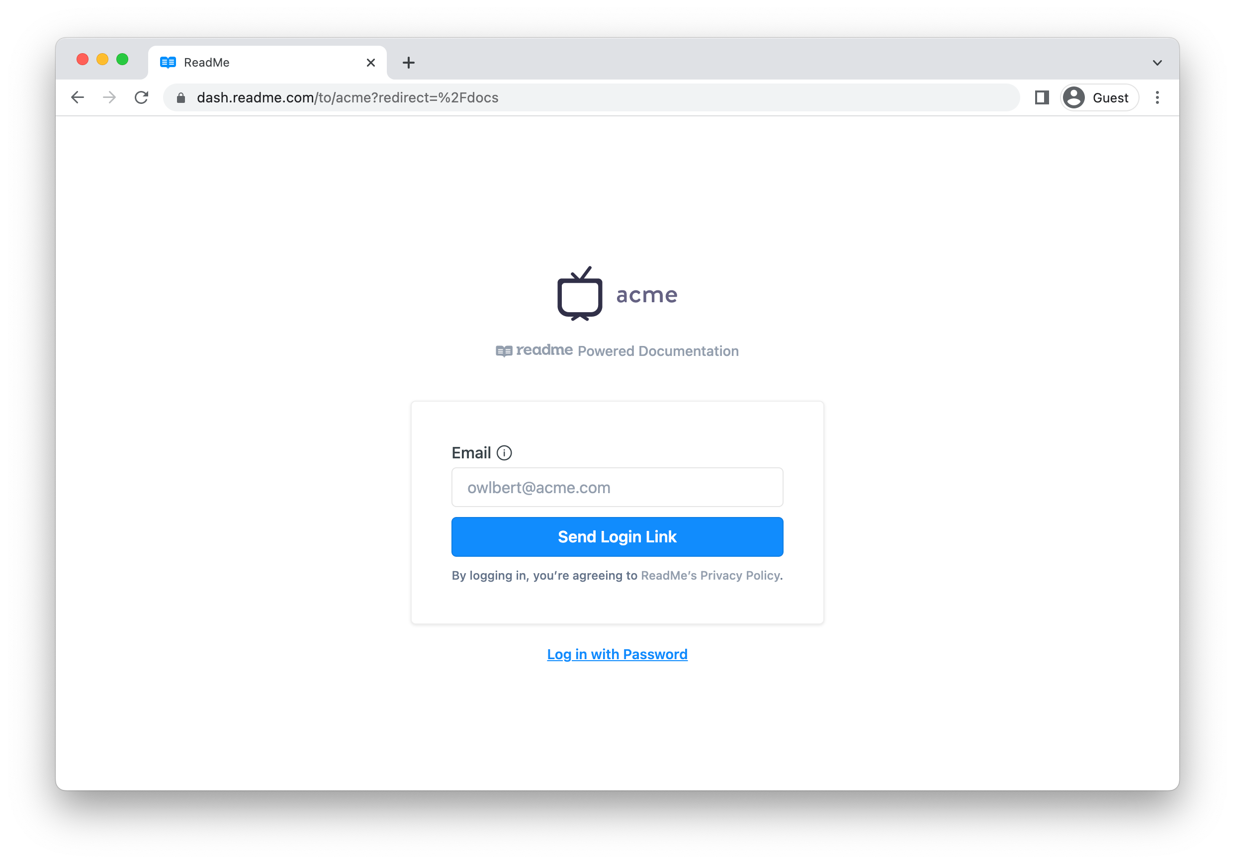 The login page for the Acme developer hub (powered by ReadMe)! 🦉