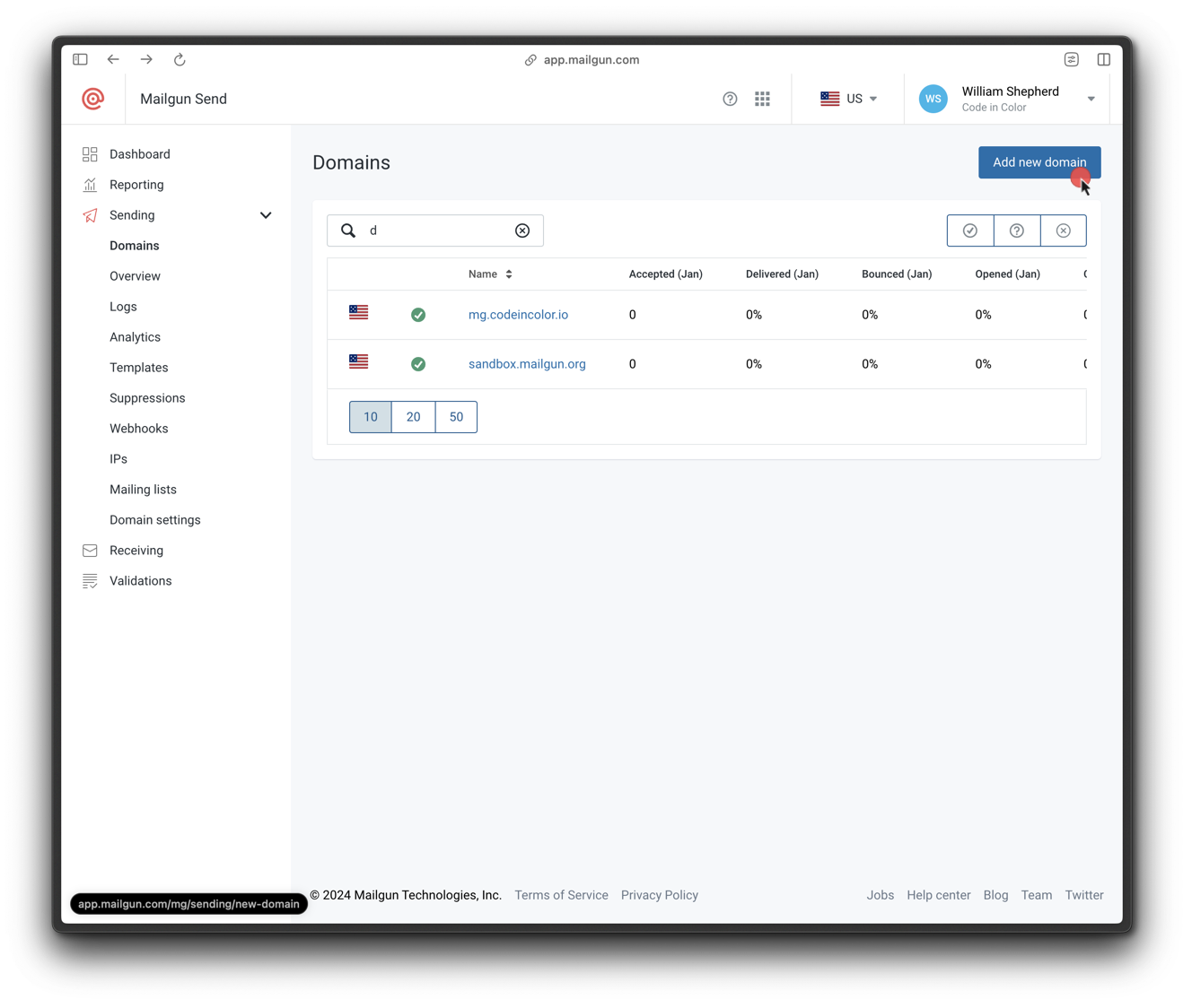 Navigating to Add New Domain form