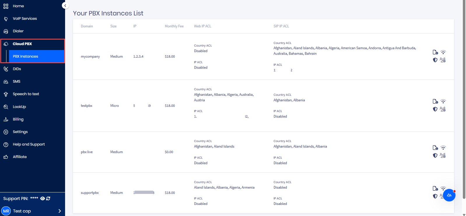 Screenshot of the Cloud PBX tab menu