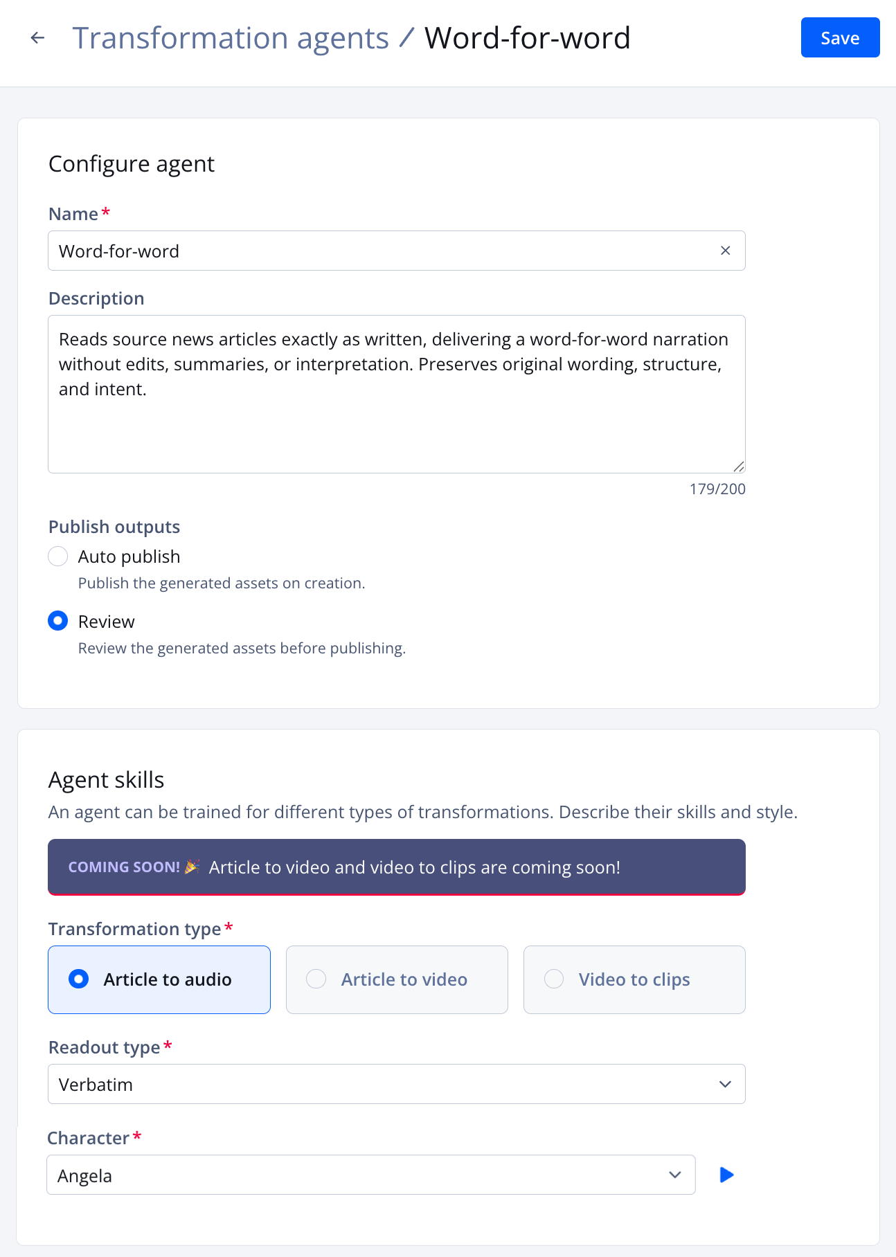 Transformation agent settings page