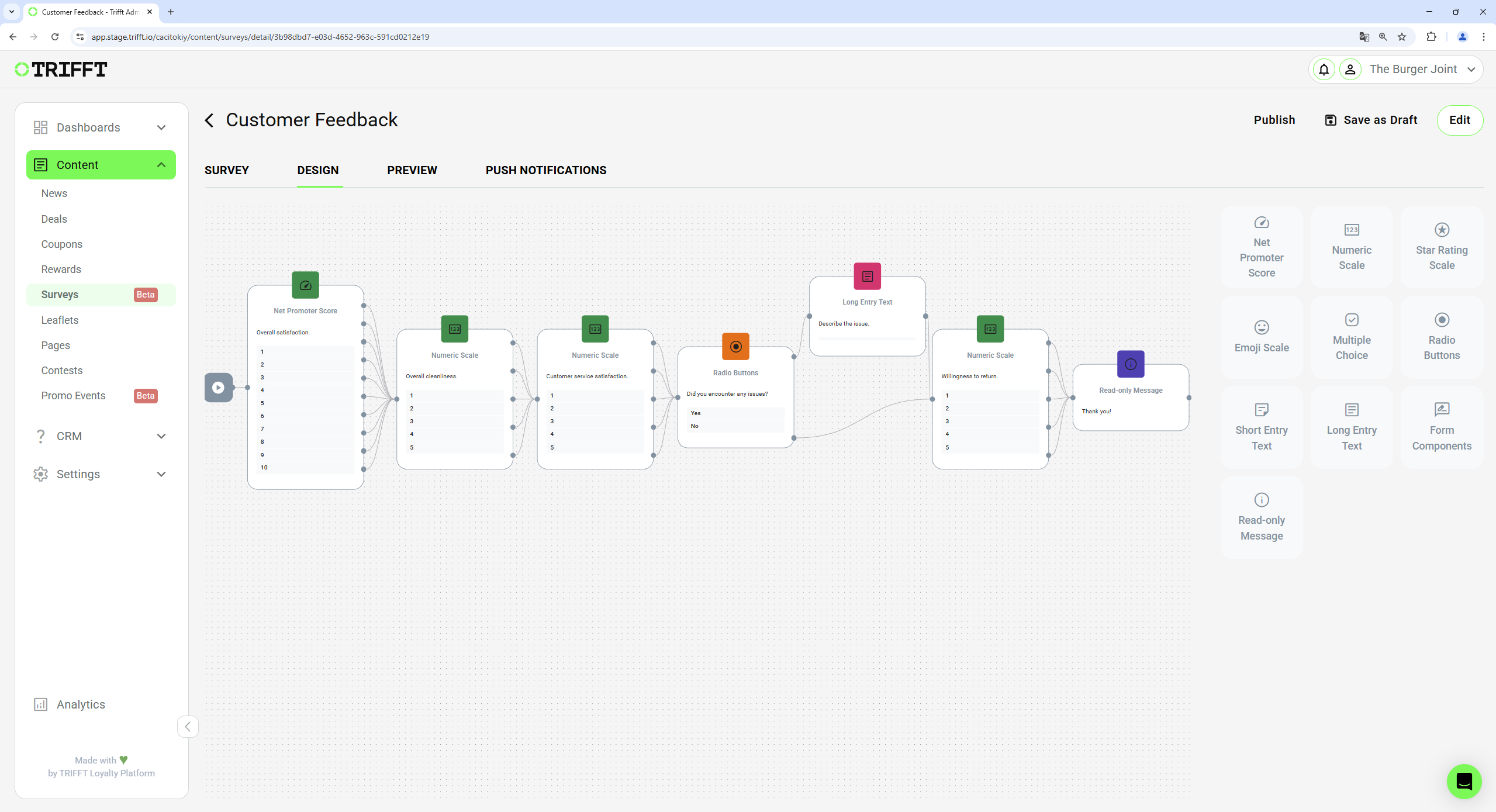 Example of survey with different types of questions and different paths based on user answers.