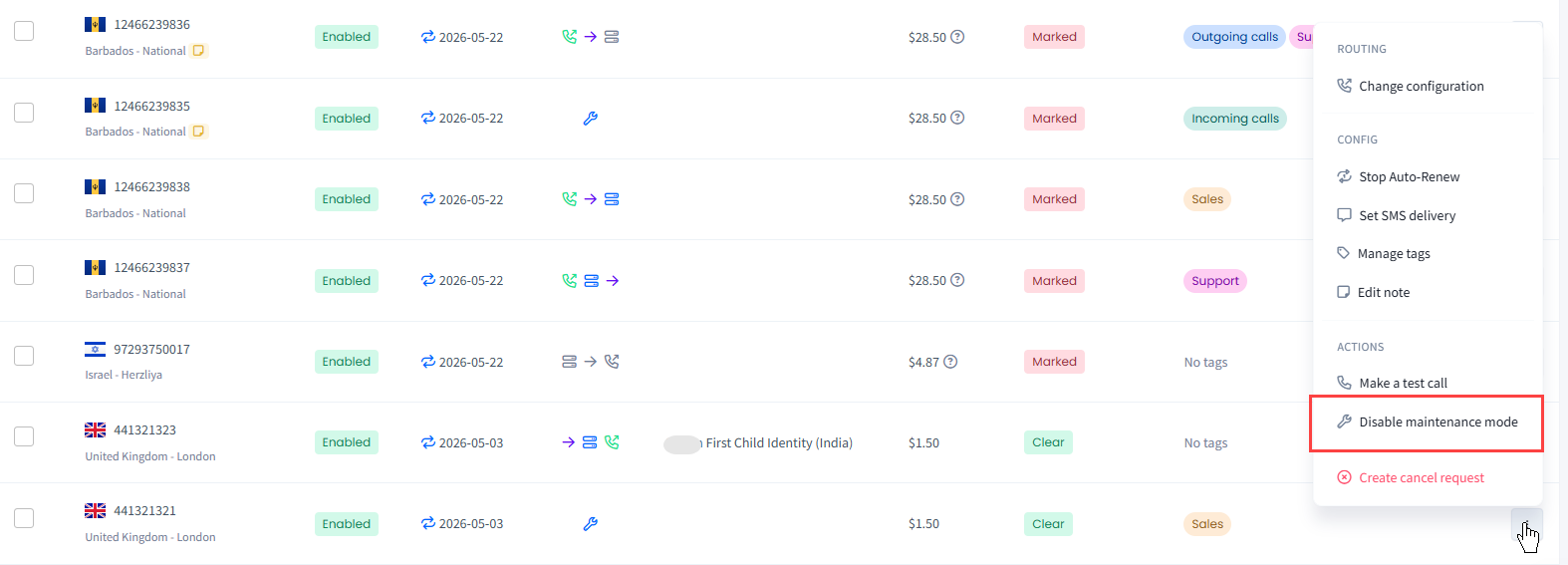 Screenshot of the Disable maintenance mode action