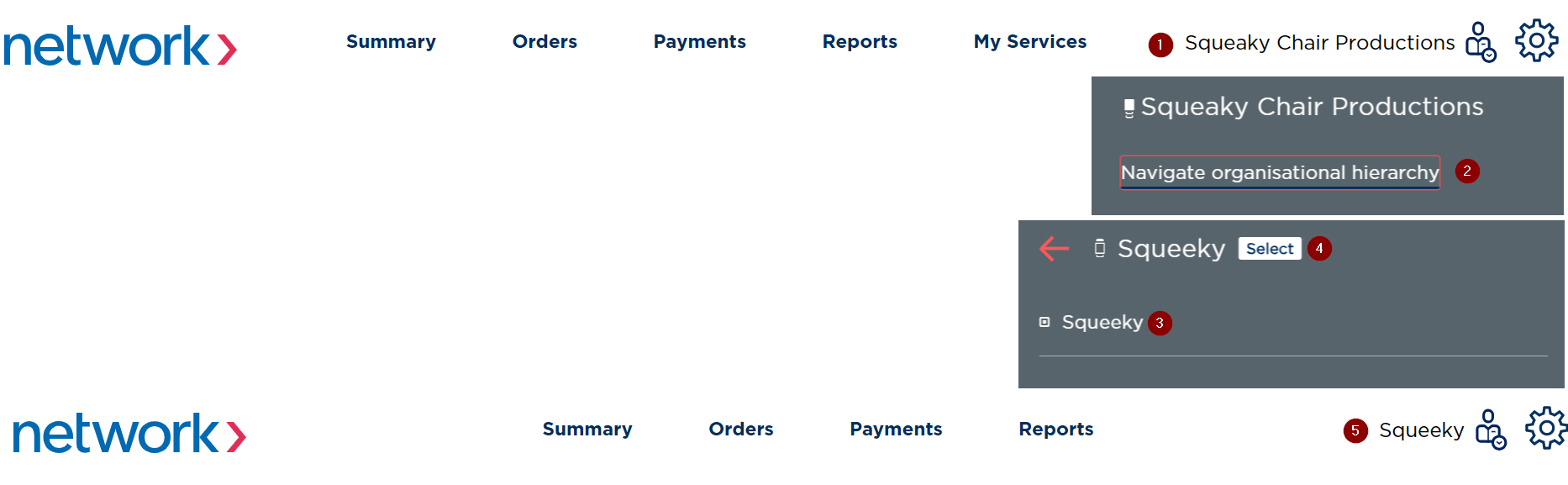 Change scope: 1) Click merchant name → 2) Navigate organisational hierarchy → 3) Choose OU/Outlet → 4) Select → 5) Confirm scope label.
