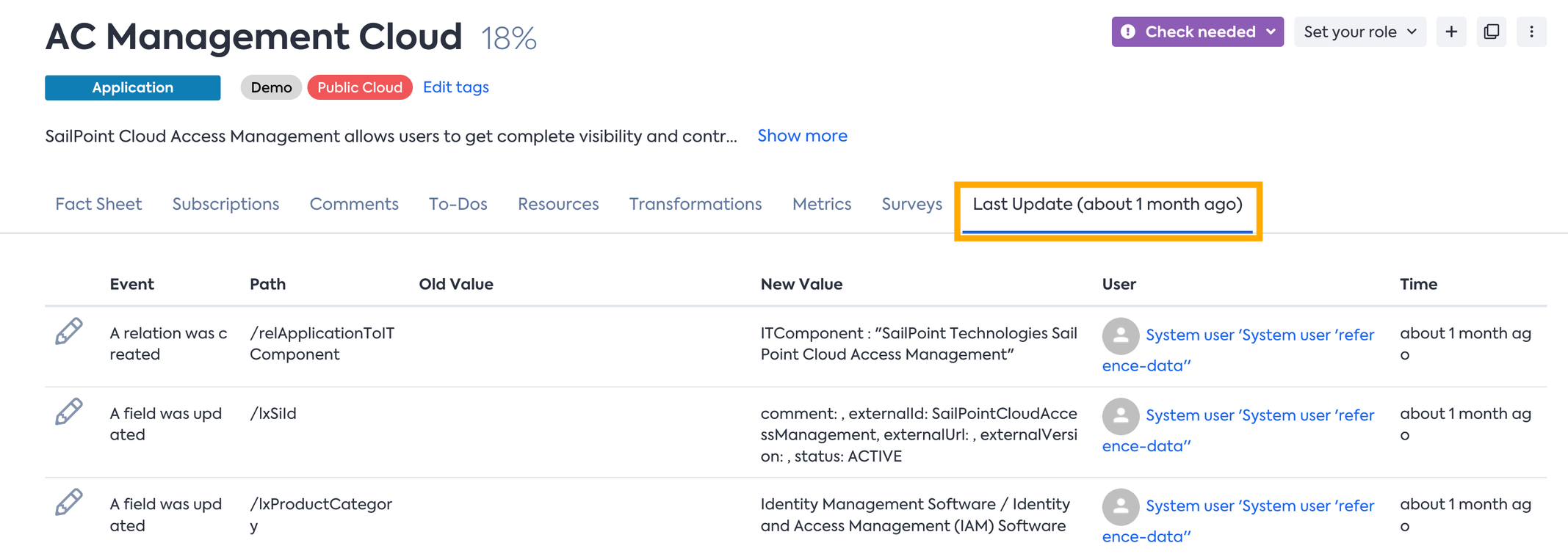 Checking Updates in the Last Update section of the Fact Sheet