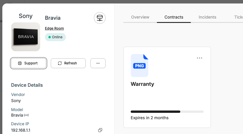 Contracts tab showing an uploaded warranty document.