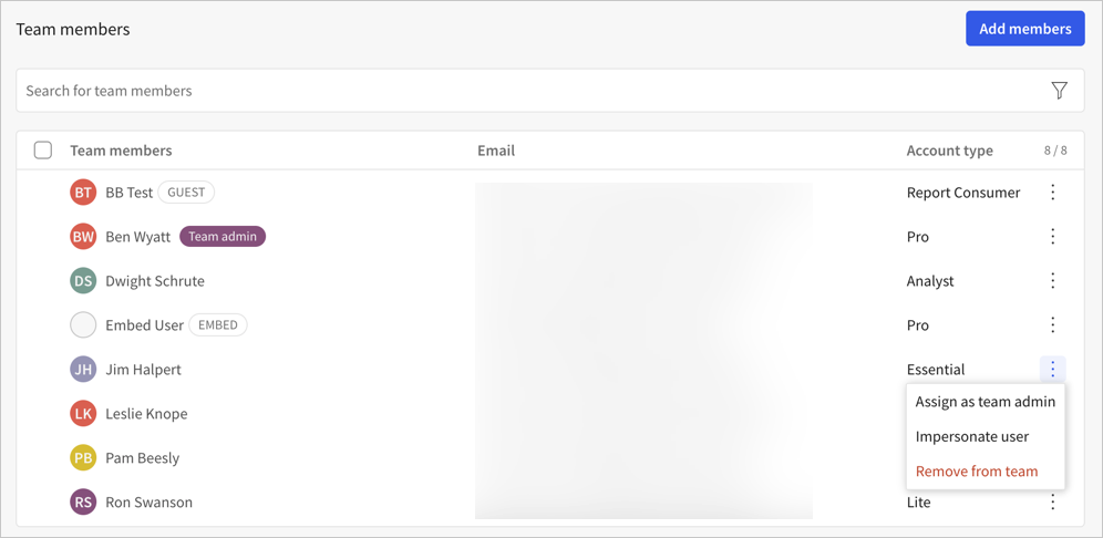 List of team members on the team tab, with the more menu open and showing the option to impersonate user. The email addresses of the team members are blurred for privacy reasons.