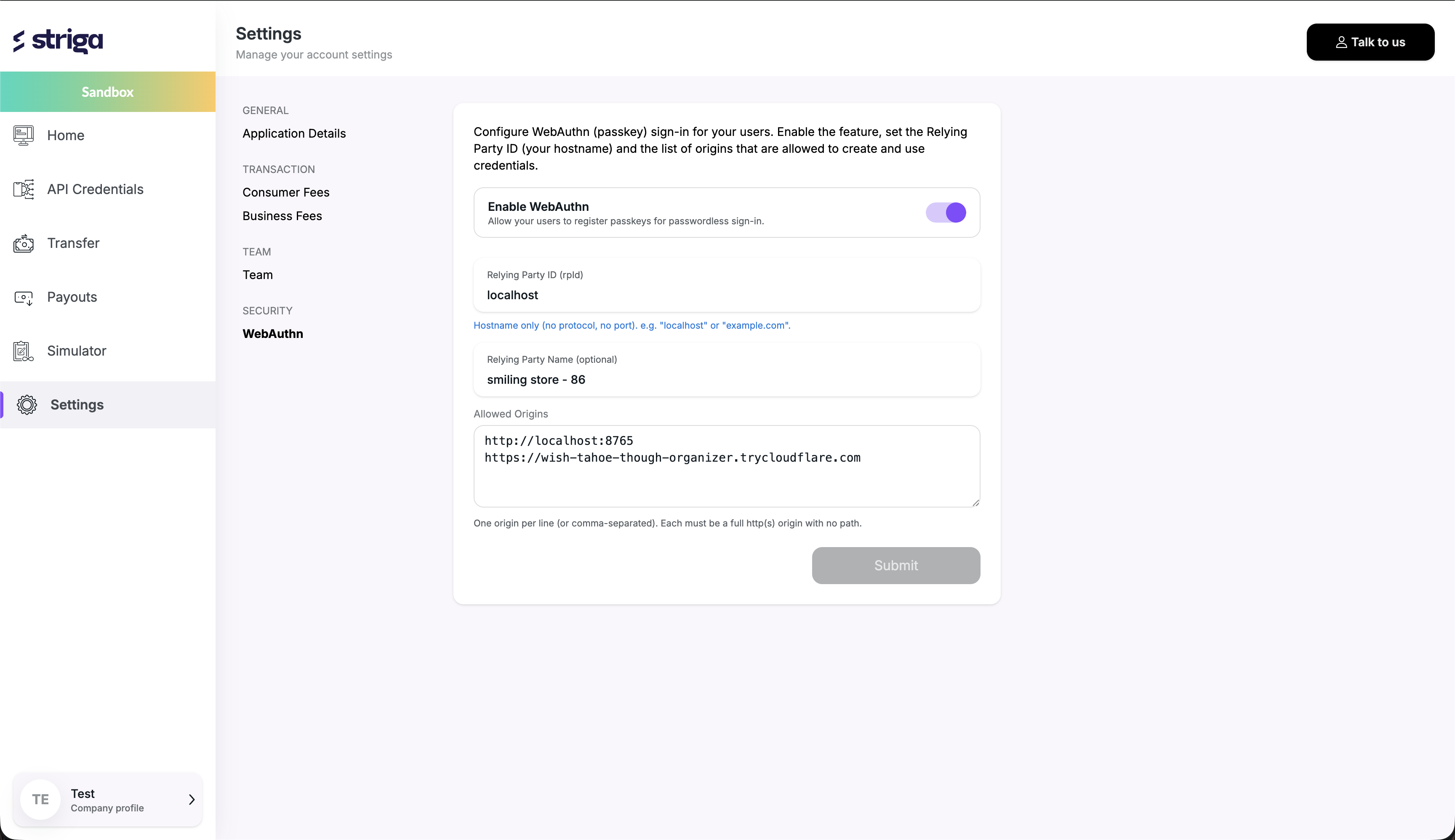 WebAuthn Questionnaire Configuration