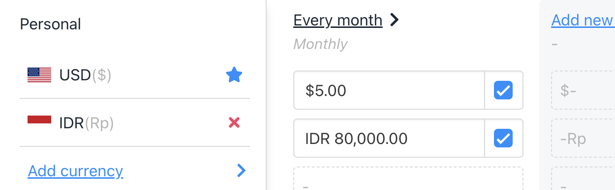 This shows a product billing cycle in USD and IDR