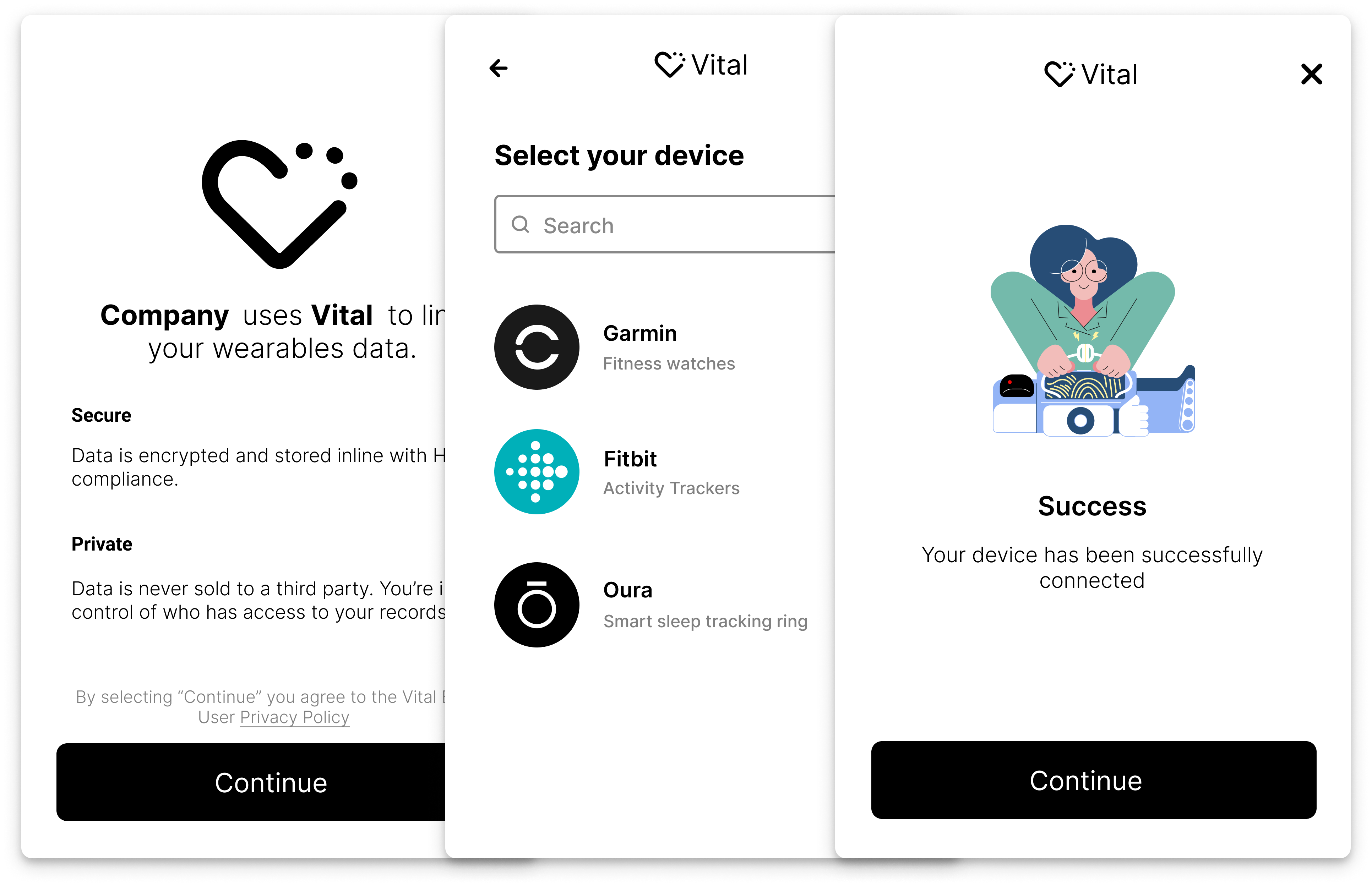 Example Vital Link Flow via the widget. (From left to right) The flow starts with an agreement page, the user selects the wearable account and then authenticates.