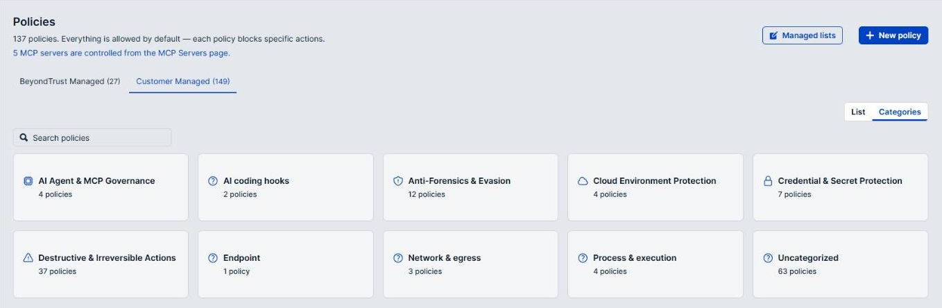 Policies page, Categories view