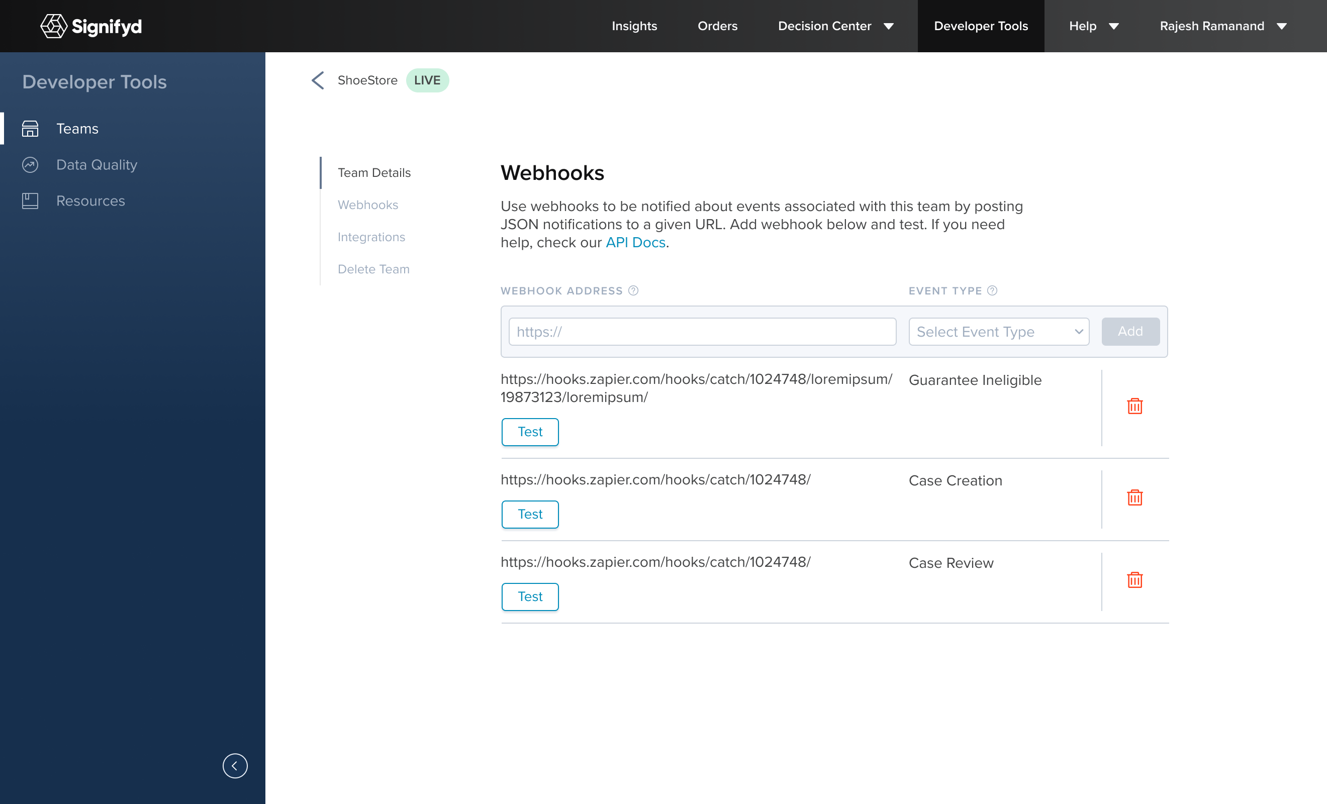 Webhooks for each team can be set up via Settings in the Developer Tools web app.