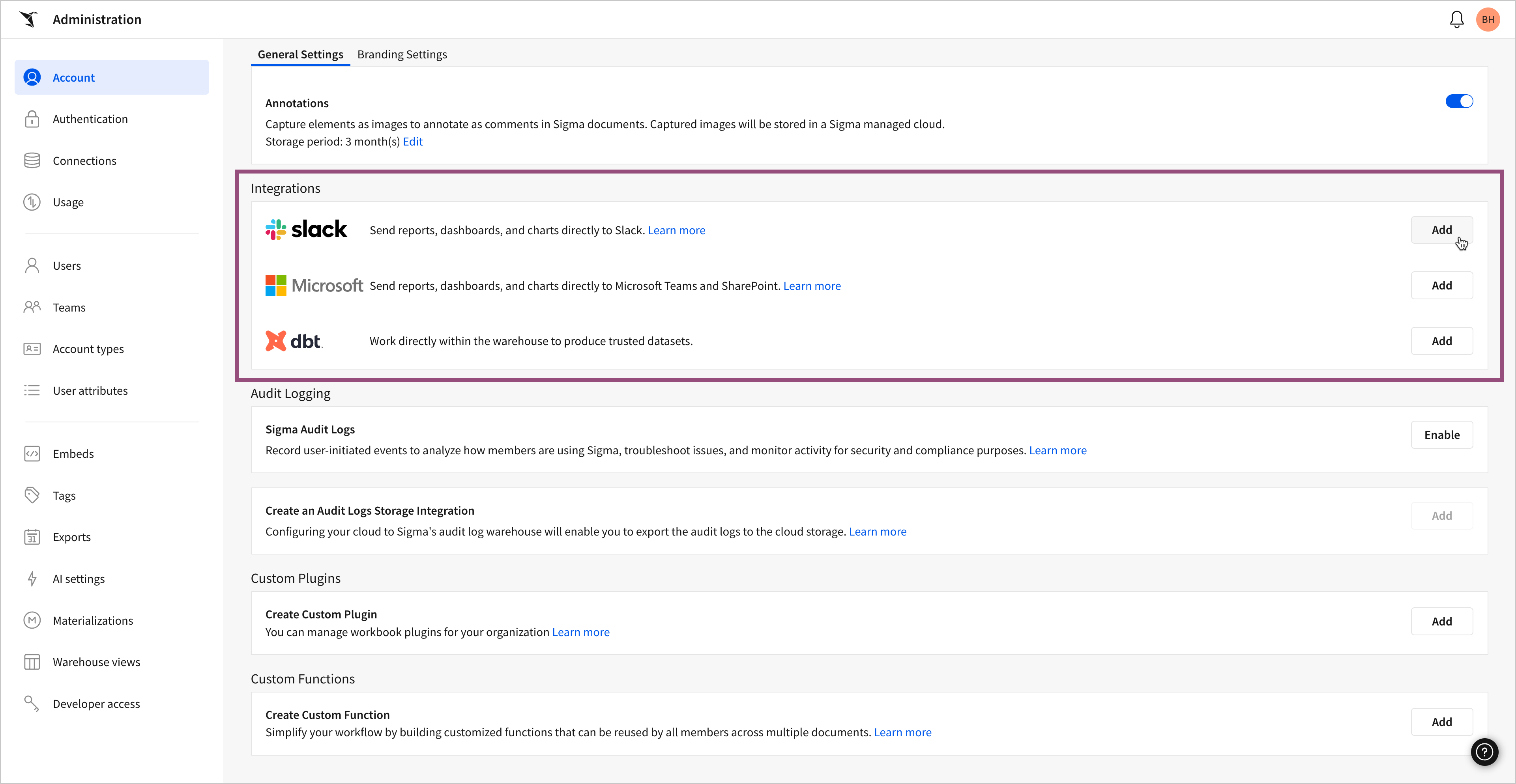 The Sigma admin panel. A box and mouse cursor indicate the user selecting the Add button to add a Slack integration.